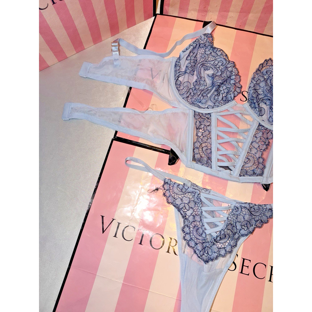 Victorias Secret Bra Top Corset Clubbing Top & Thong Blue Paisley Medium (DD) - Picture 2 of 4